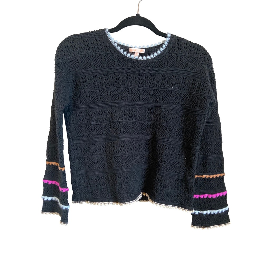 Lisa Todd Black Pointelle Knit Sweater Pom Pom Trim Multi Color Stripe Small